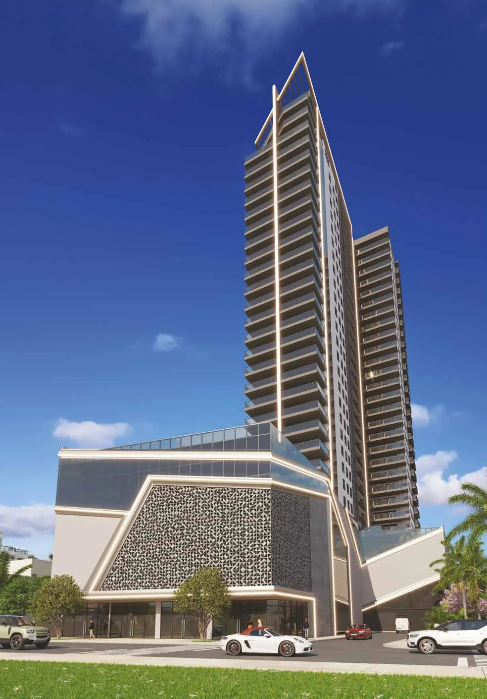 Render de la fachada de Lago Di Como, frente al mar en Balneário Perequê