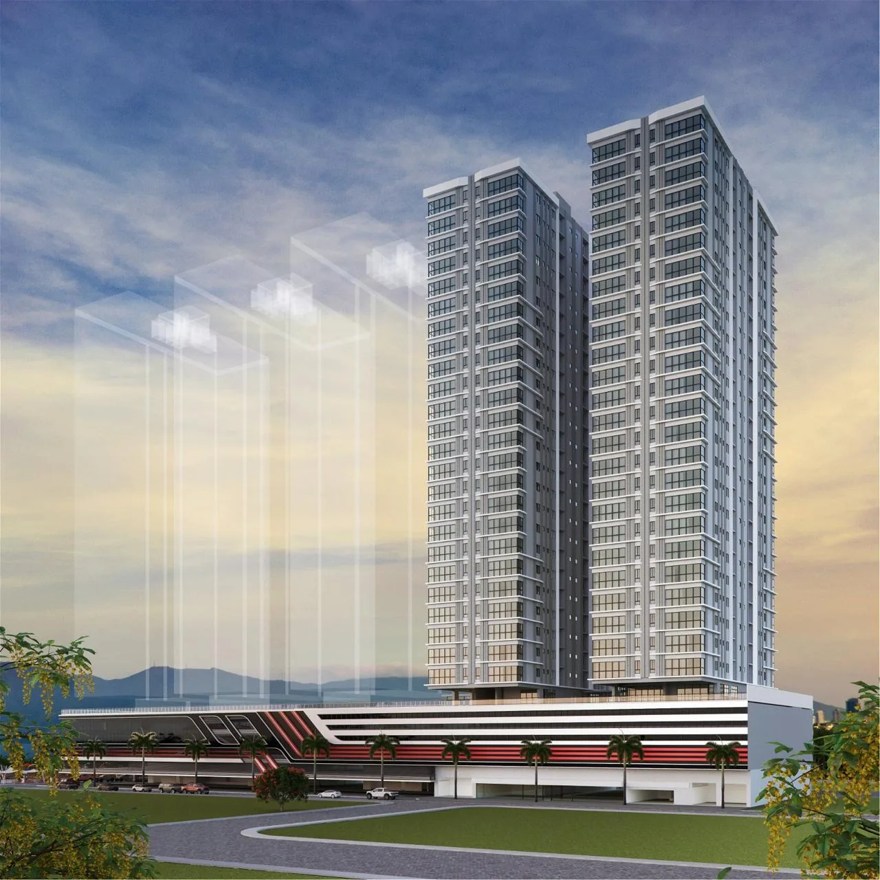 Render de las torres residenciales del complejo Oporto, en Balneário Perequê