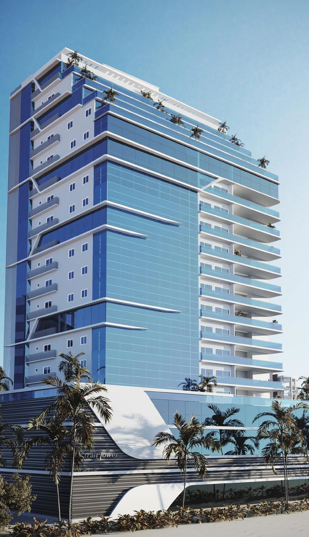 Render de la fachada de Strait Tower, frente a la playa en Itapema