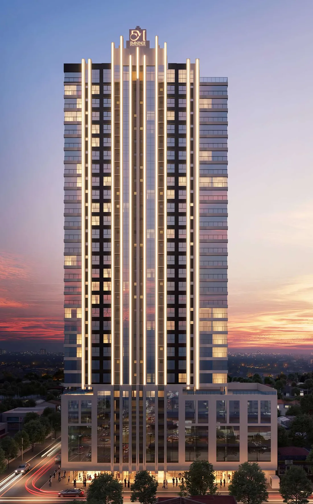 Render de la fachada iluminada de Zenith Tower, en Balneário Perequê, Porto Belo